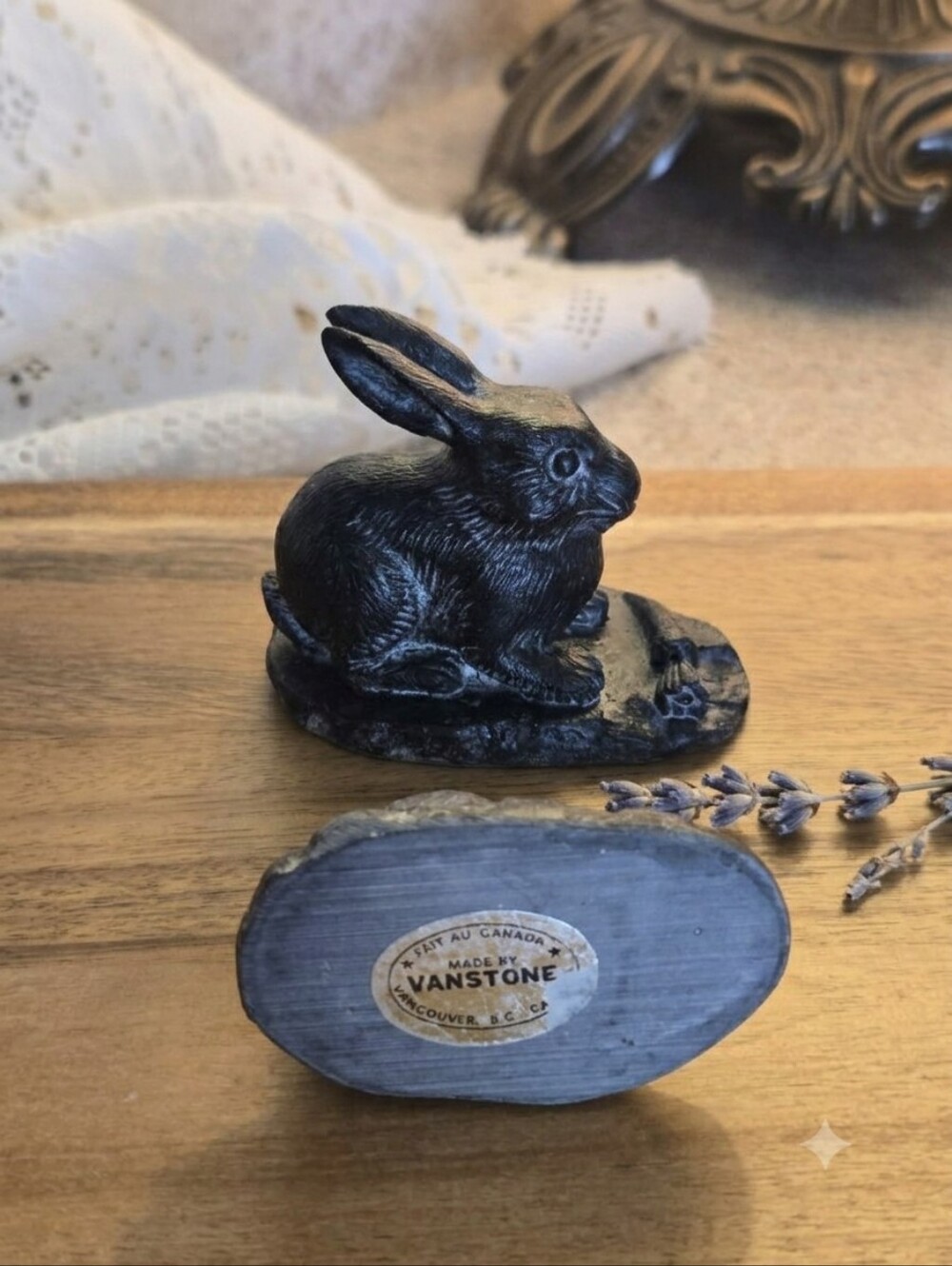Vintage Vanstone Black Rabbit Figurine | Faux-Soapstone Woodland Decor | 🇨🇦